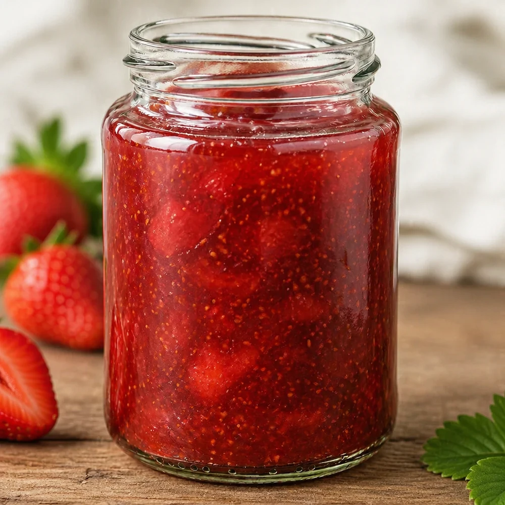 Rundglas 382ml TO66 mit roter Erdbeermarmelade gefüllt neben frischen Erdbeeren auf Holztisch
