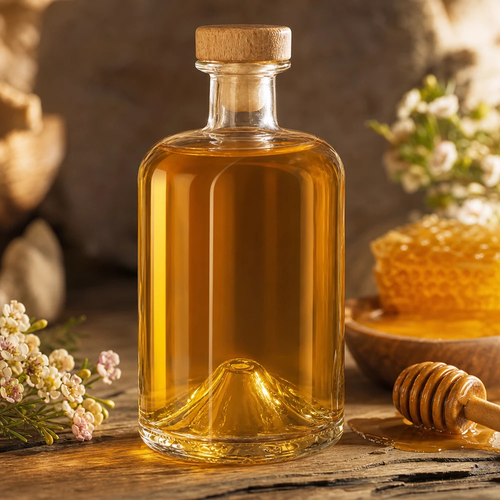 Flacone farmaceutico da 500 ml Sofia con tappo in sughero con impugnatura in legno UNiTWIST® 500ml Glasflasche Sofia mit Honig befüllt neben Bienenwabe und Honiglöffel auf rustikalem Holz mit Blütendeko