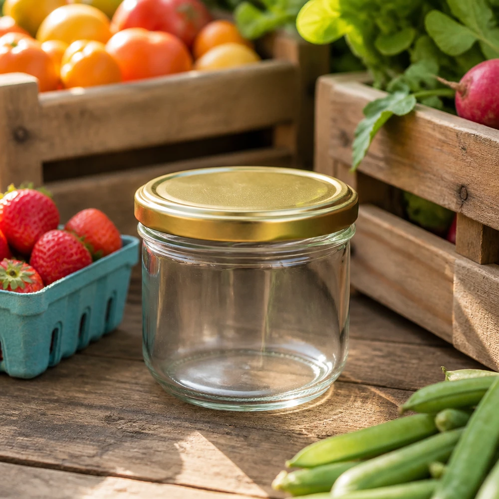 260ml Sturzglas mit BasicSeal Deckel gold UNiTWIST 260ml Sturzglas BasicSeal gold UNiTWIST zwischen frischem Obst und Gemüse zeigt Eignung für Einmachgläser