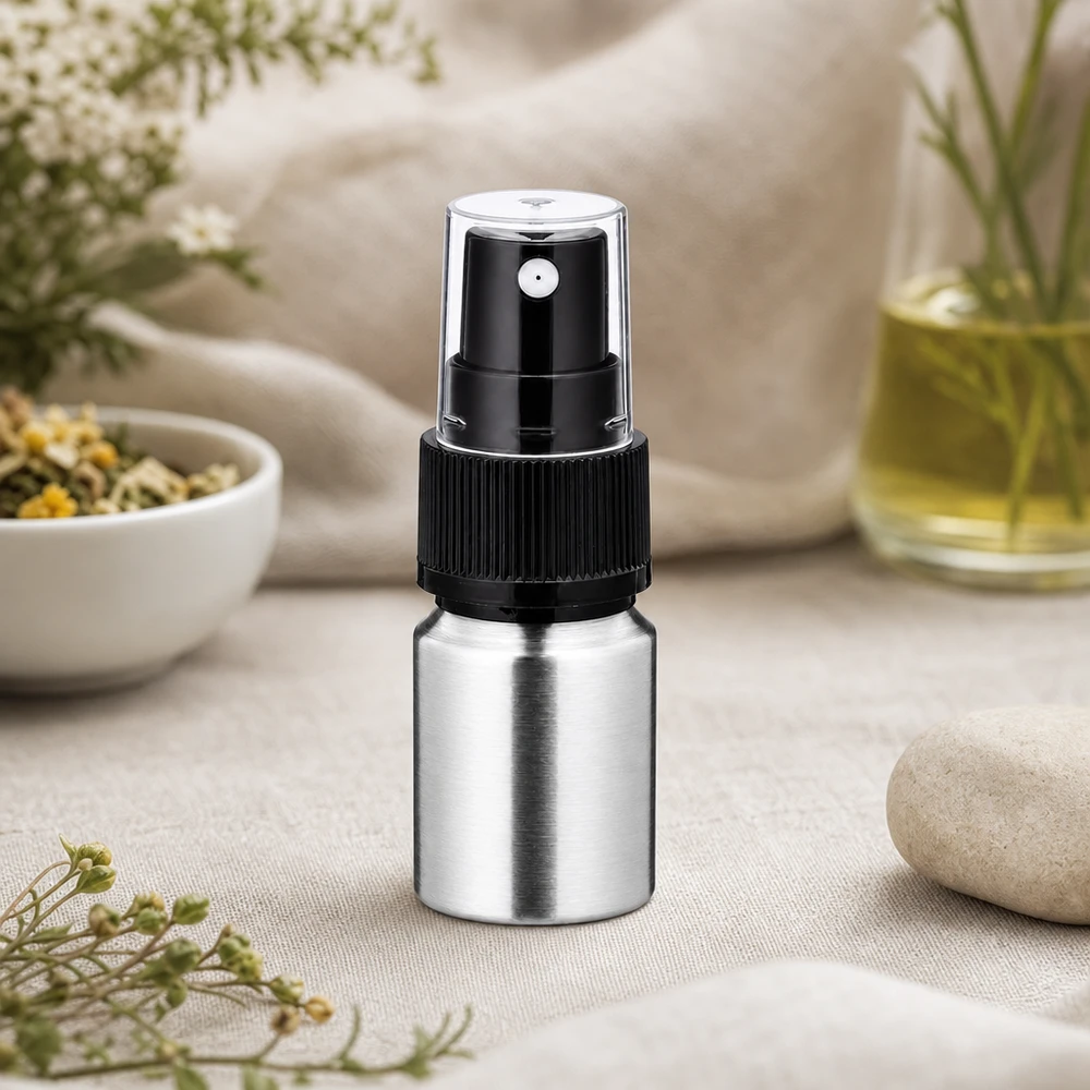 10ml geschliffene Aluflasche mit Zerstäuber Stilvolle 10ml Metallflasche mit schwarzem Sprühaufsatz - modernes Design für Beauty-Routine