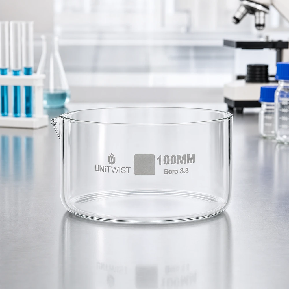 Cristallisoir ø100mm verre borosilicaté UNiTWIST Coupelle de cristallisation UNiTWIST 100 mm en verre borosilicaté dans un laboratoire équipé d'un microscope et de tubes à essai