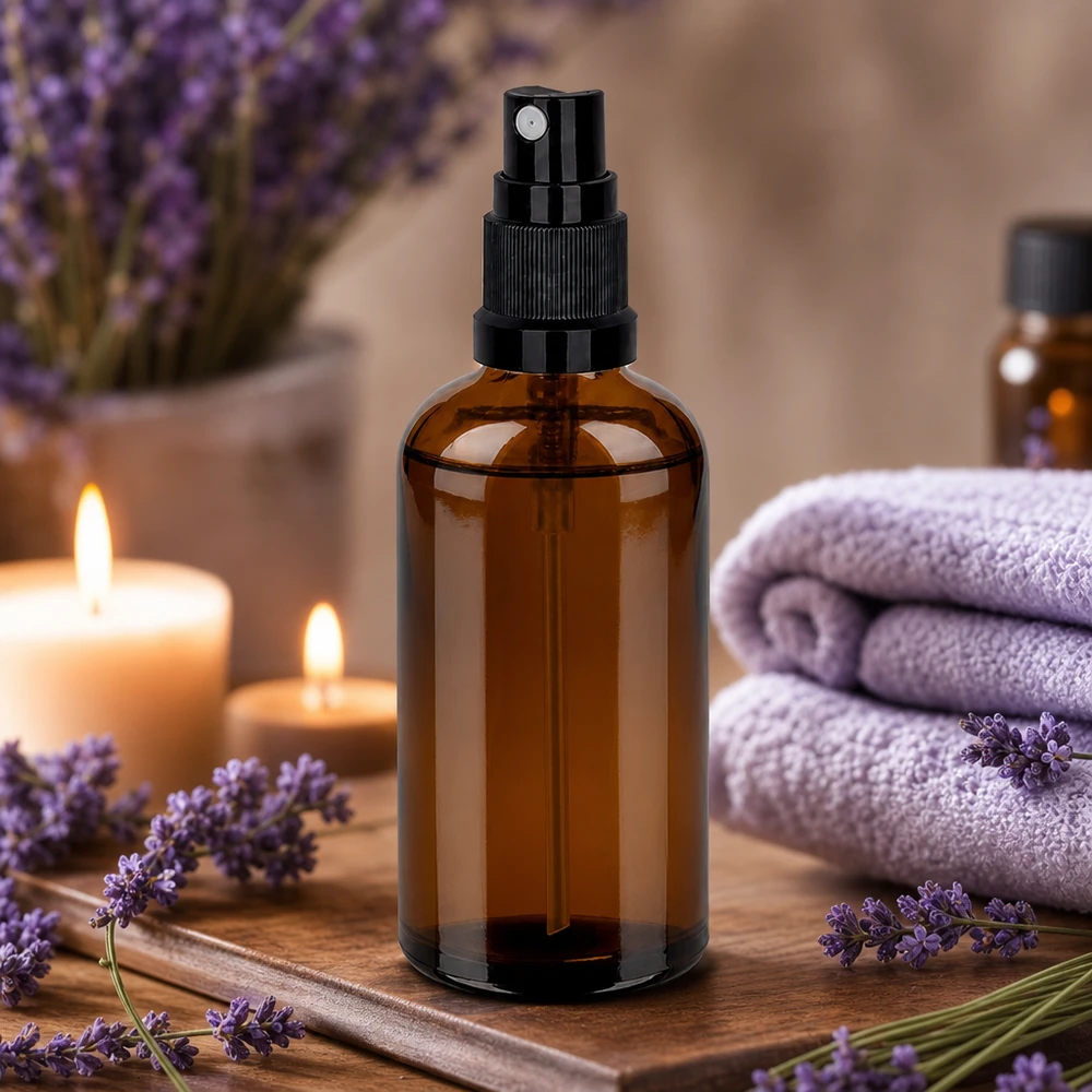 Flacone spray in vetro ambrato da 100 ml con nebulizzatore nero, ideale per cosmetici e prodotti per la cura fai da te