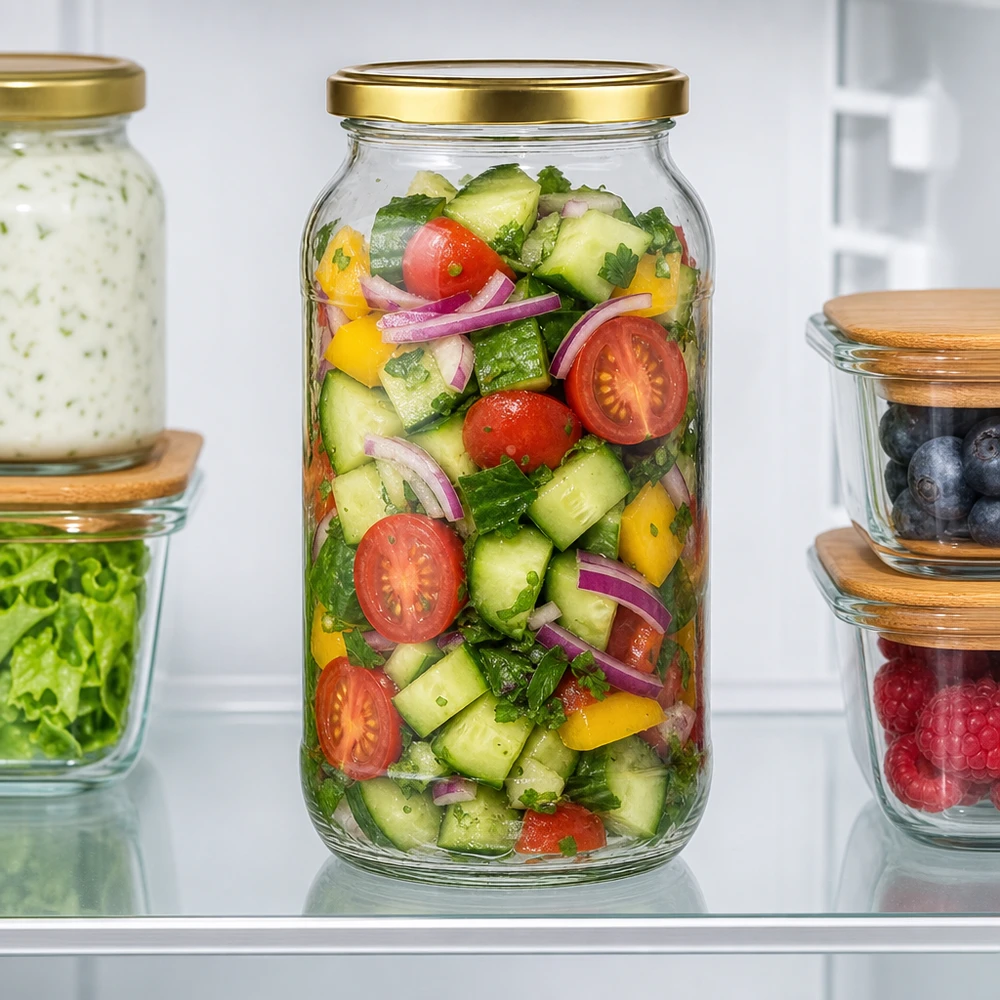 Barattolo rotondo da 1062 ml con coperchio BasicSeal dorato, riempito con insalata di verdure fresche da conservare in frigorifero.