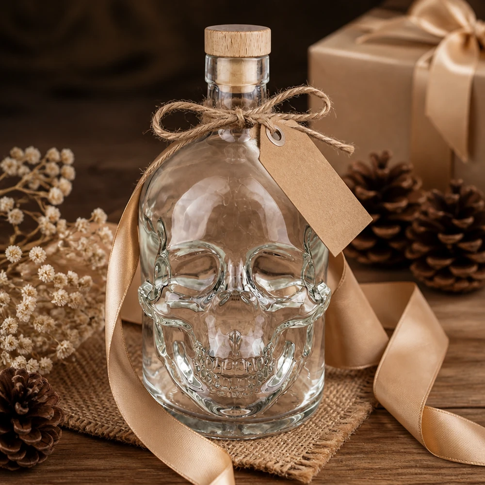 Bottiglia in vetro da 700 ml Jack con tappo in sughero con impugnatura in legno UNiTWIST® Totenkopf-Glasflasche 700ml mit Jutesack, Geschenkverpackung und Holzkorken als Dekoration arrangiert