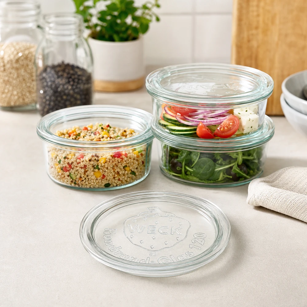 Coperchio in vetro WECK RR120 WECK Glasdeckel RR120 in moderner Küche mit gefüllten Vorratsgläsern für Salat Quinoa und frische Zutaten
