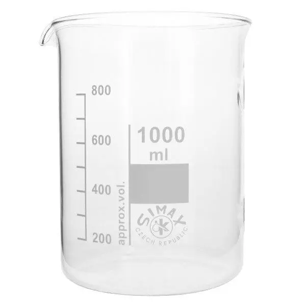 Bécher 1000ml en verre borosilicate résistant à la chaleur (forme basse) Grand bécher de 1000ml de forme basse, idéal pour les mesures de volume en laboratoire