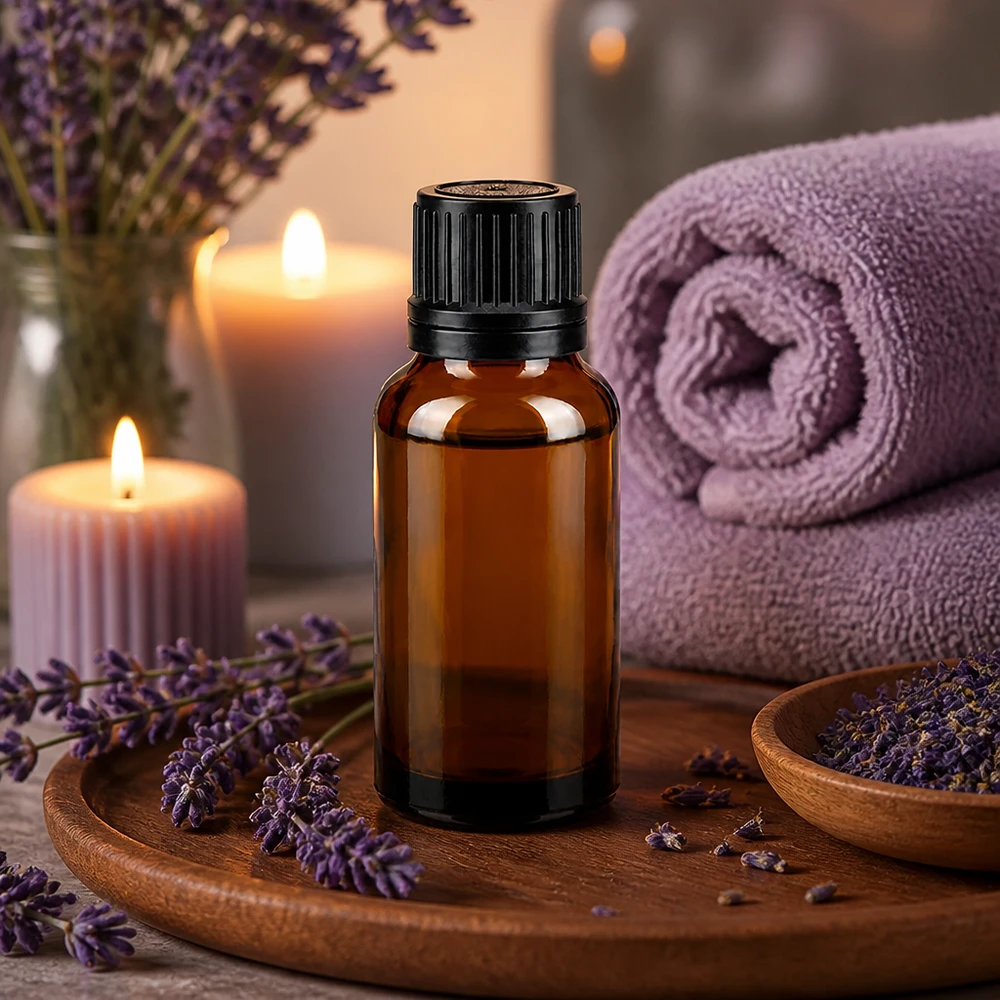 Flacon en verre ambré de 20 ml muni d'un bouchon OV noir, entouré de fleurs de lavande et de bougies