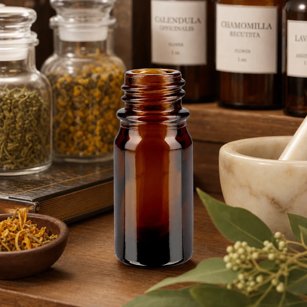 Flacone farmaceutico marrone da 5 ml ApoGlas Flacone da farmacia marrone ApoGlas da 5 ml con vasetti per erbe e mortaio per rimedi naturali e tinture