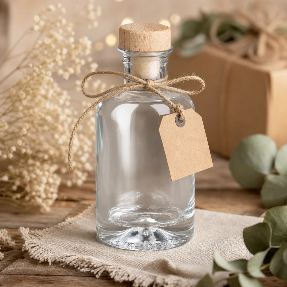 Bottiglia da 100 ml in vetro Sofia con tappo in legno vuoto in regalo con etichetta in carta kraft e nastro di iuta decorazione rustica