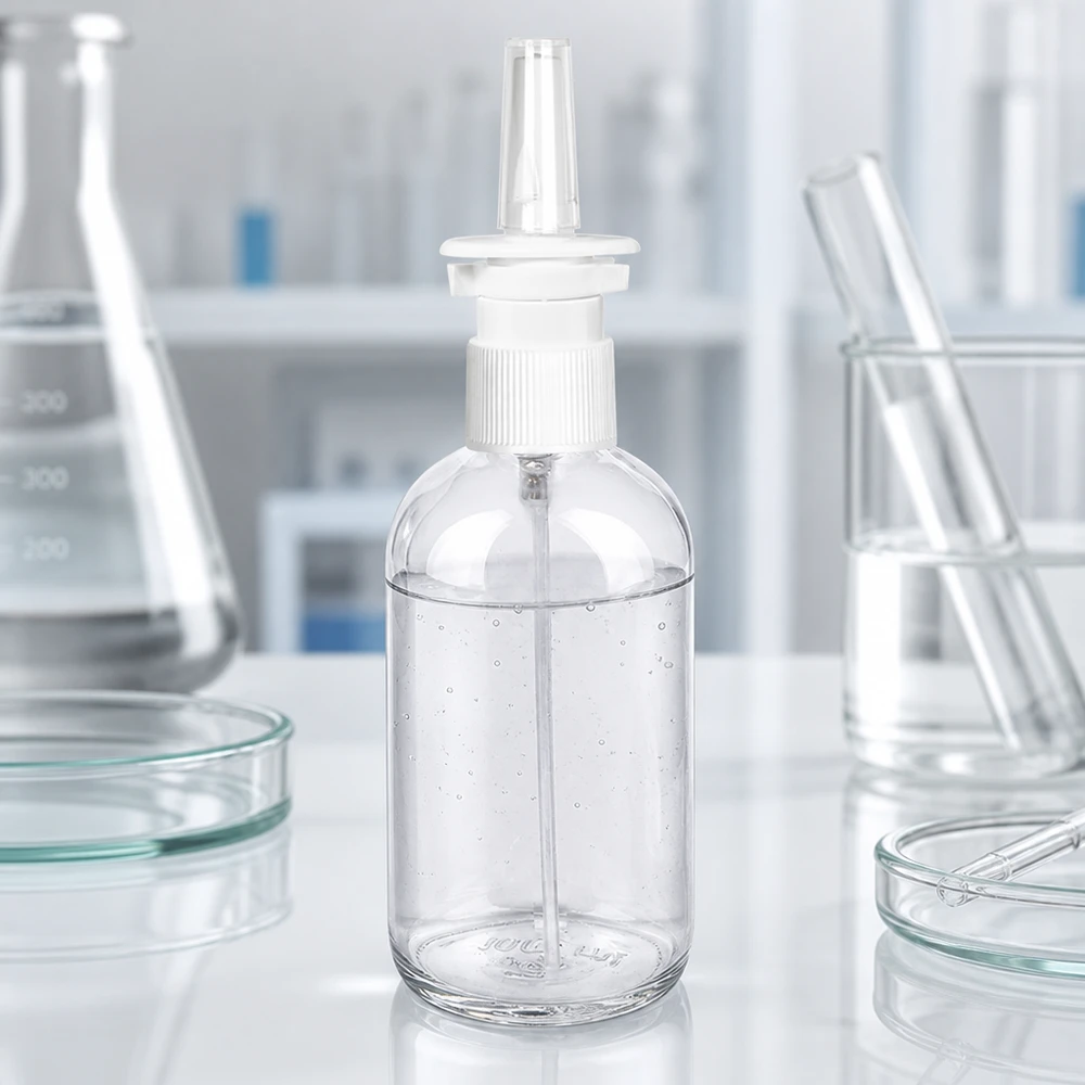 Flacone spray nasale ClearLine da 100 ml in laboratorio con matraccio di Erlenmeyer e piastre di Petri