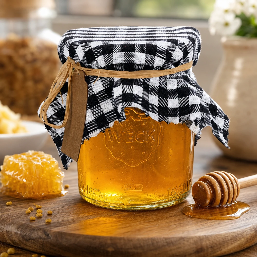 Centrino per gioielli in tessuto a quadretti neri 15 cm quadrati Pane al miele con coperchio decorativo a scacchiera su un barattolo e nido d'ape su una tavola di legno decorazione da cucina rustica