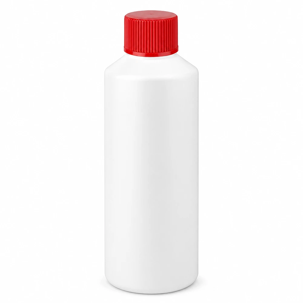 Zylindrische Apothekerflasche 100ml HDPE weiß mit rotem geripptem Verschluss