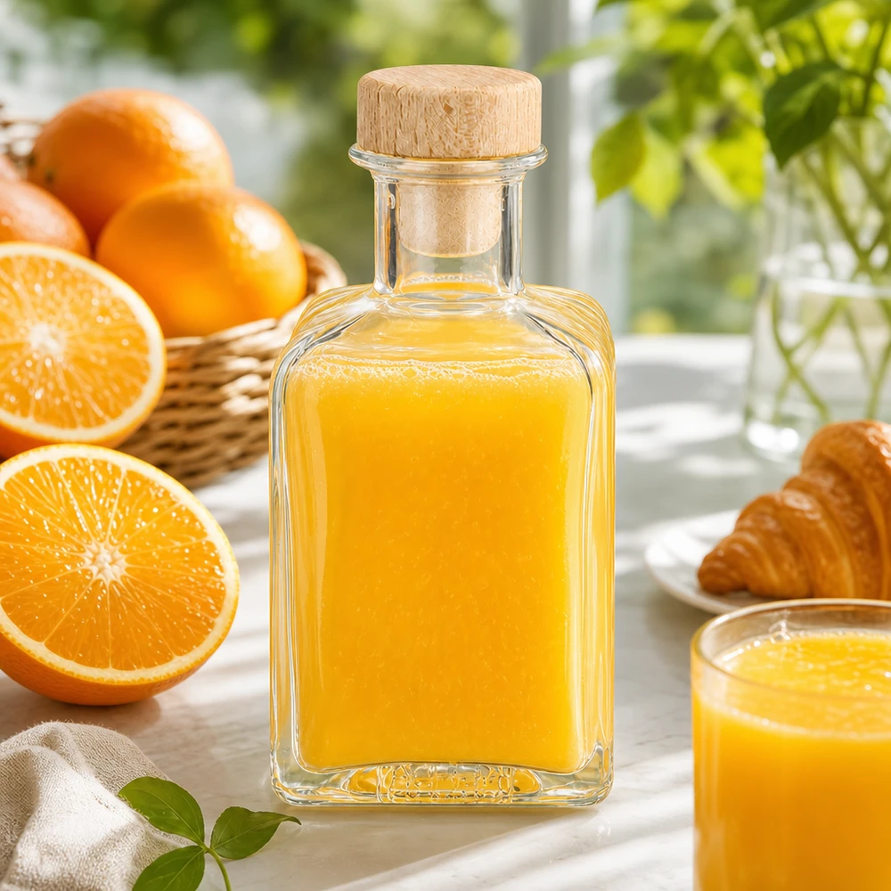 Bottiglia di vetro Clara da 200 ml riempita di succo d'arancia decorazione con tappo di legno cucina arance fresche colazione styling