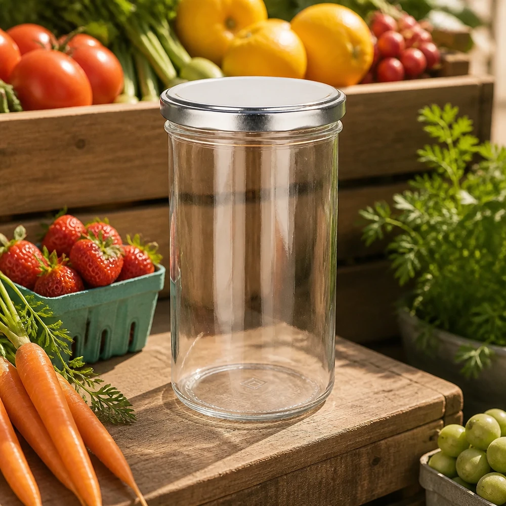 Bicchieri da 277 ml con coperchio BasicSeal argento tra frutta e verdura fresca ambiente cucina naturale