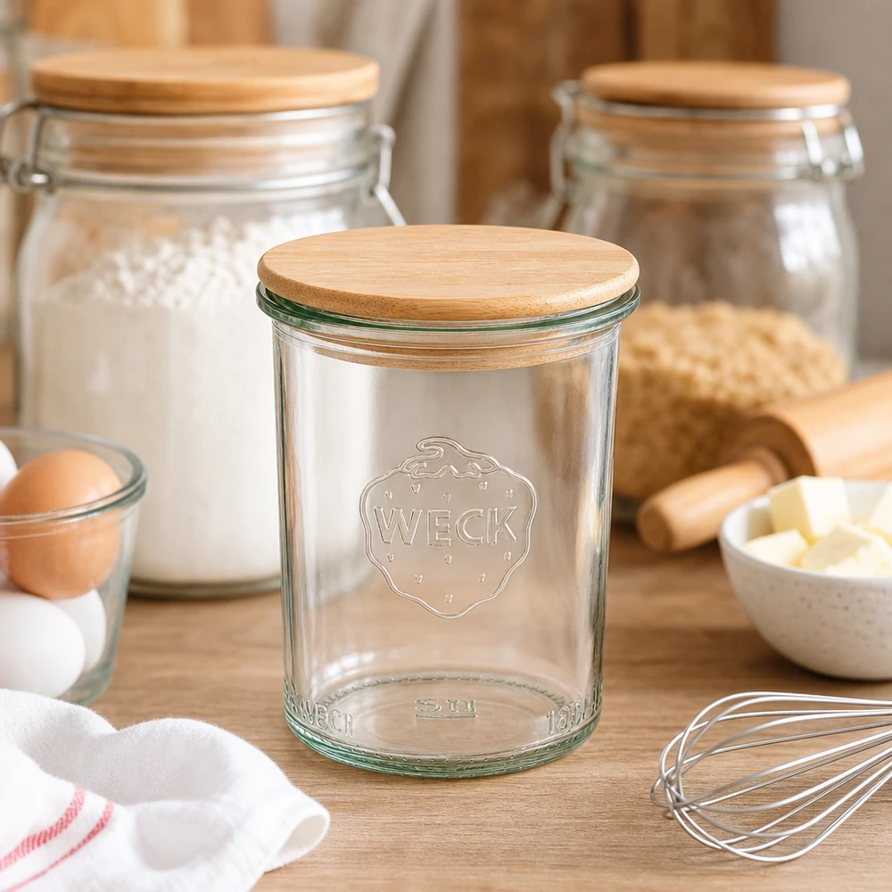 160ml Sturzglas WECK RR60 mit Holzdeckel WECK Sturzglas 160ml RR60 mit Holzdeckel in rustikaler Küche zwischen Backzutaten und Kochutensilien