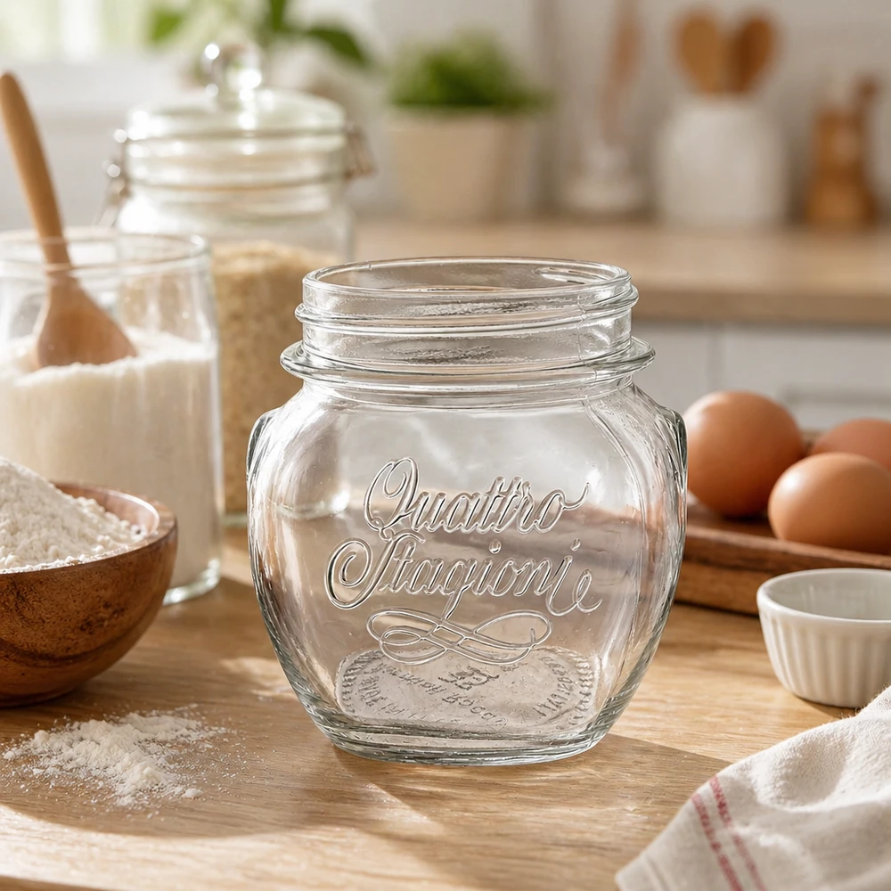Bicchiere da 300ml "Quattro Stagioni" 300 ml di bicchiere Quattro Stagioni su una tavola di legno in una cucina rustica con ingredienti da forno e uova