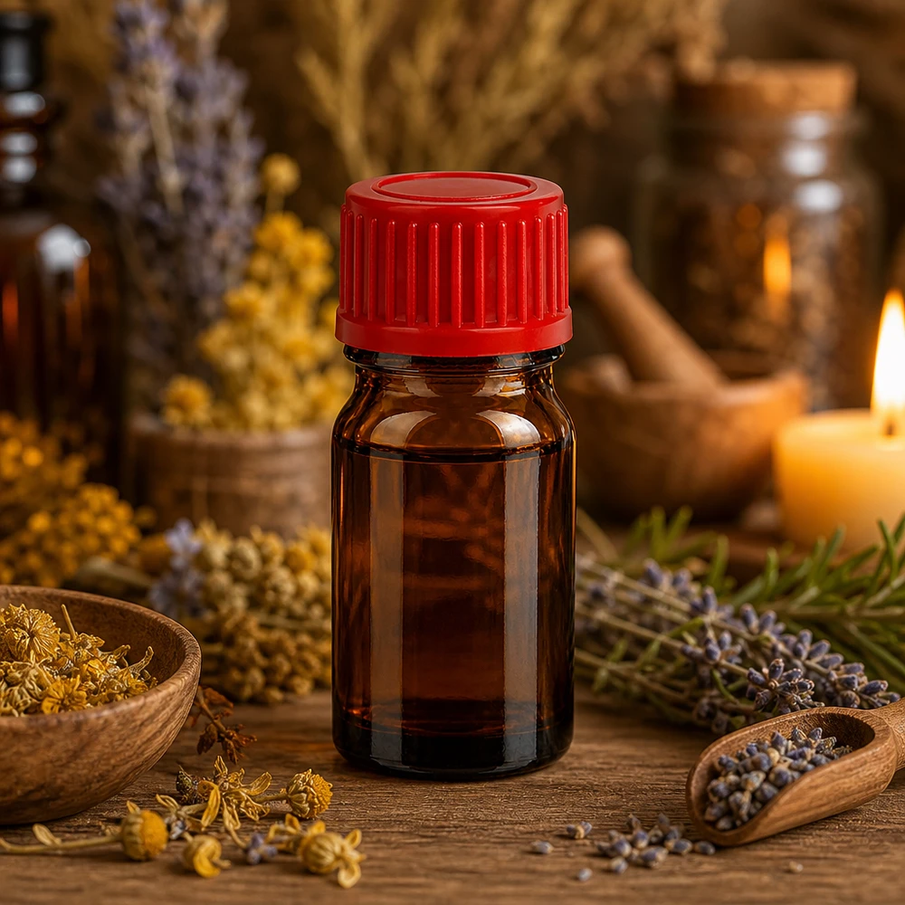 Flacone da laboratorio compatto da 5 ml in vetro ambrato protetto dai raggi UV con tappo rosso per una conservazione sicura