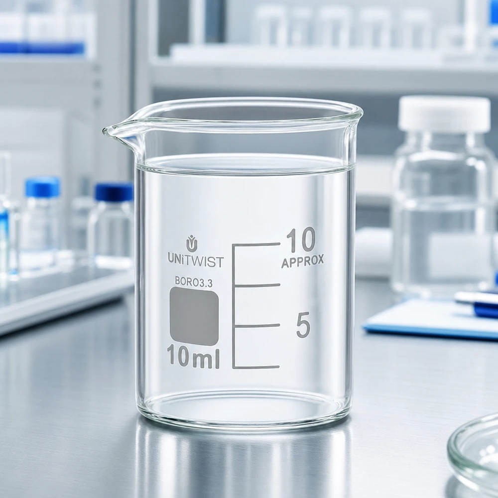 Bicchiere da 10 ml in borosilicato, a basso stampo UNiTWIST Bicchiere da laboratorio UNiTWIST da 10 ml, forma bassa, con beccuccio e graduazione su superficie in acciaio inossidabile