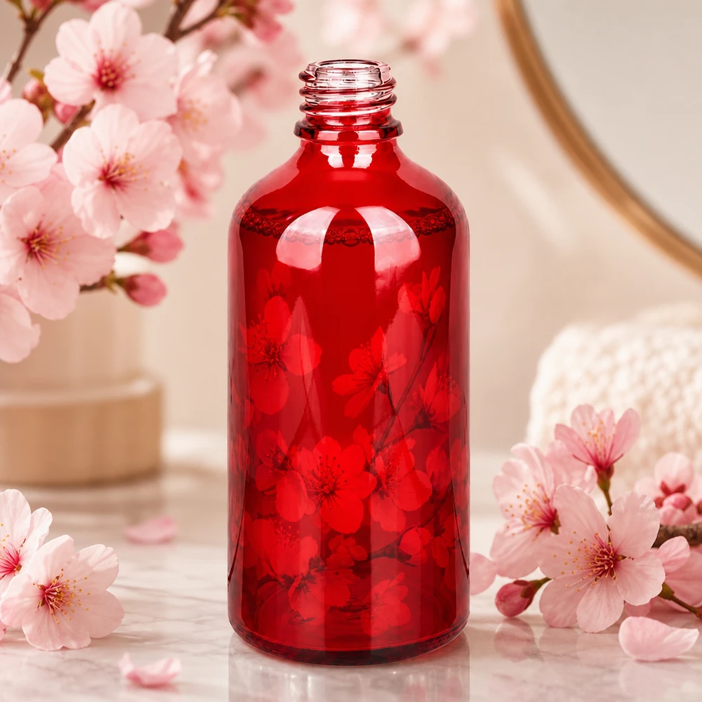 Bottiglia da 100 ml in vetro rosso RedLine con corpo largo e stabilità ottimale