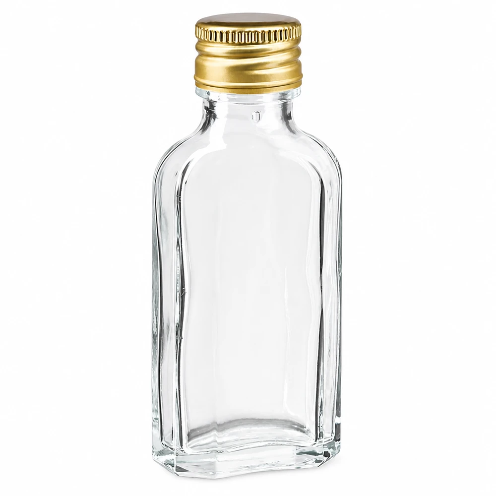 50 ml Meplat klar mit Alu Verschluss gold PP22 Klarglas Taschenflasche 50ml mit goldenem PP22 Aluverschluss ideal für Proben und Geschenke