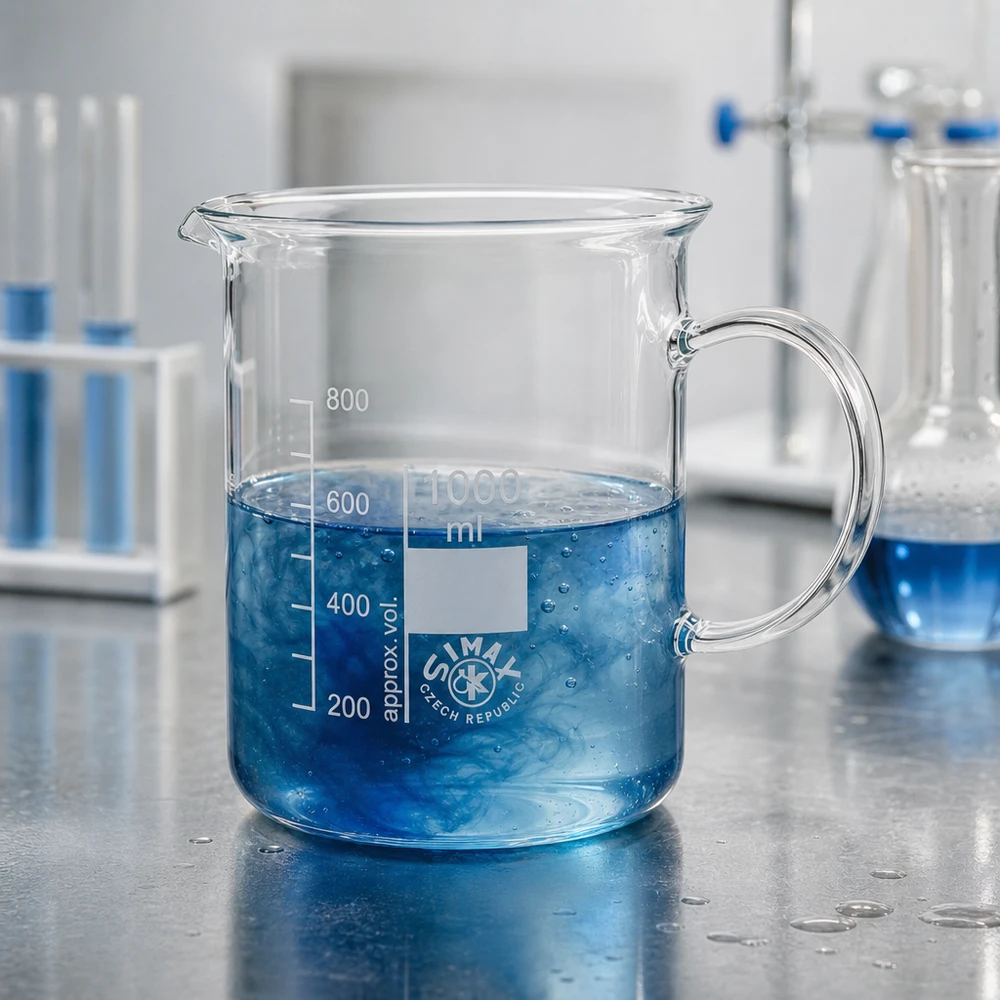 Bicchiere da laboratorio Simax da 1000 ml con manico e scala graduata in millilitri, realizzato in vetro borosilicato di alta qualità