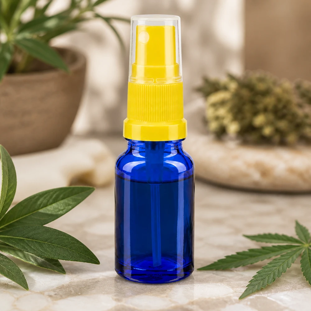 10ml Sprayflasche gelb/transparent Standardverschluss BlueLine UT18/10 Robuste 10ml Glasflasche mit Sprühaufsatz gelb für mobile Anwendung BlueLine UT18 10
