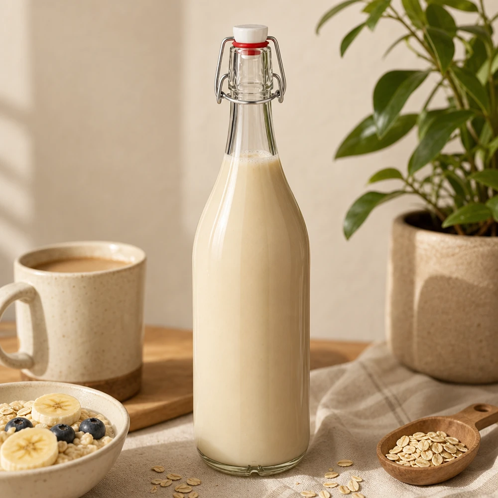 Bottiglia di vetro da 1000 ml + tappo girevole in PVC UNiTWIST Bottiglia di vetro da 1000 ml con tappo oscillante riempita di latte d'avena su un tavolo di legno accanto a una tazza da caffè e a fiocchi d'avena
