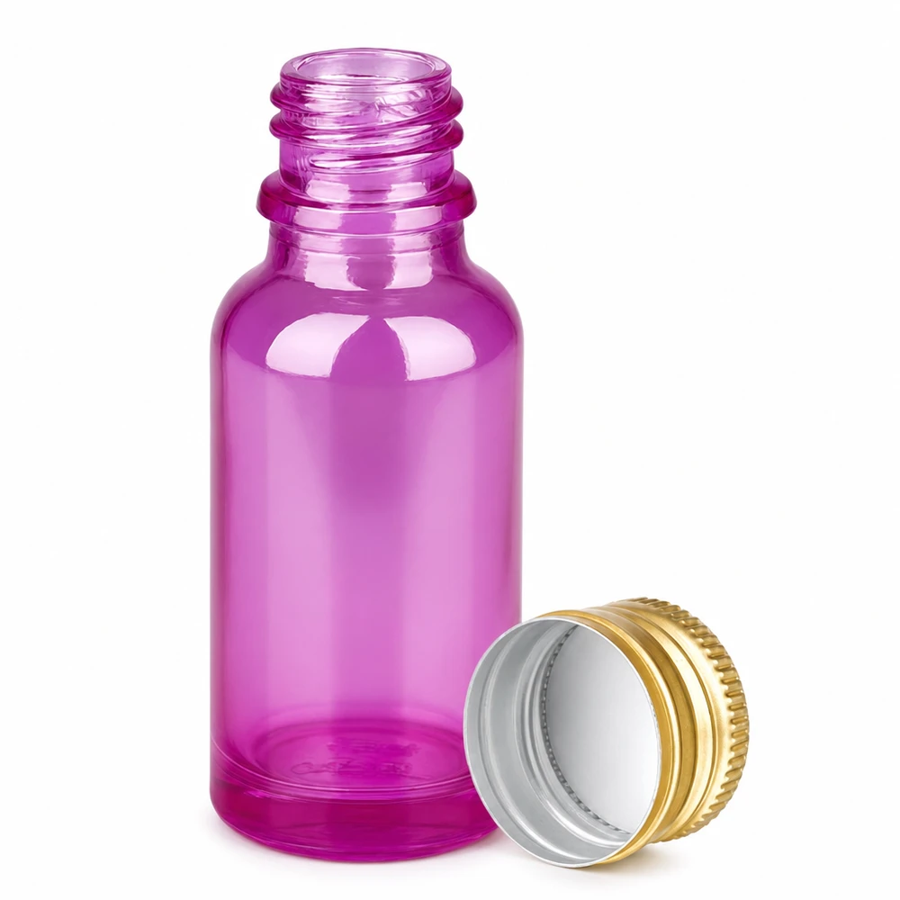 20ml Flasche 11mm Schraubverschluss Alu-Gold Standard PurpleLine. UT18/20 Mini-Glasflasche 20ml in leuchtendem Lila mit UV-Schutz und Metallverschluss Gold