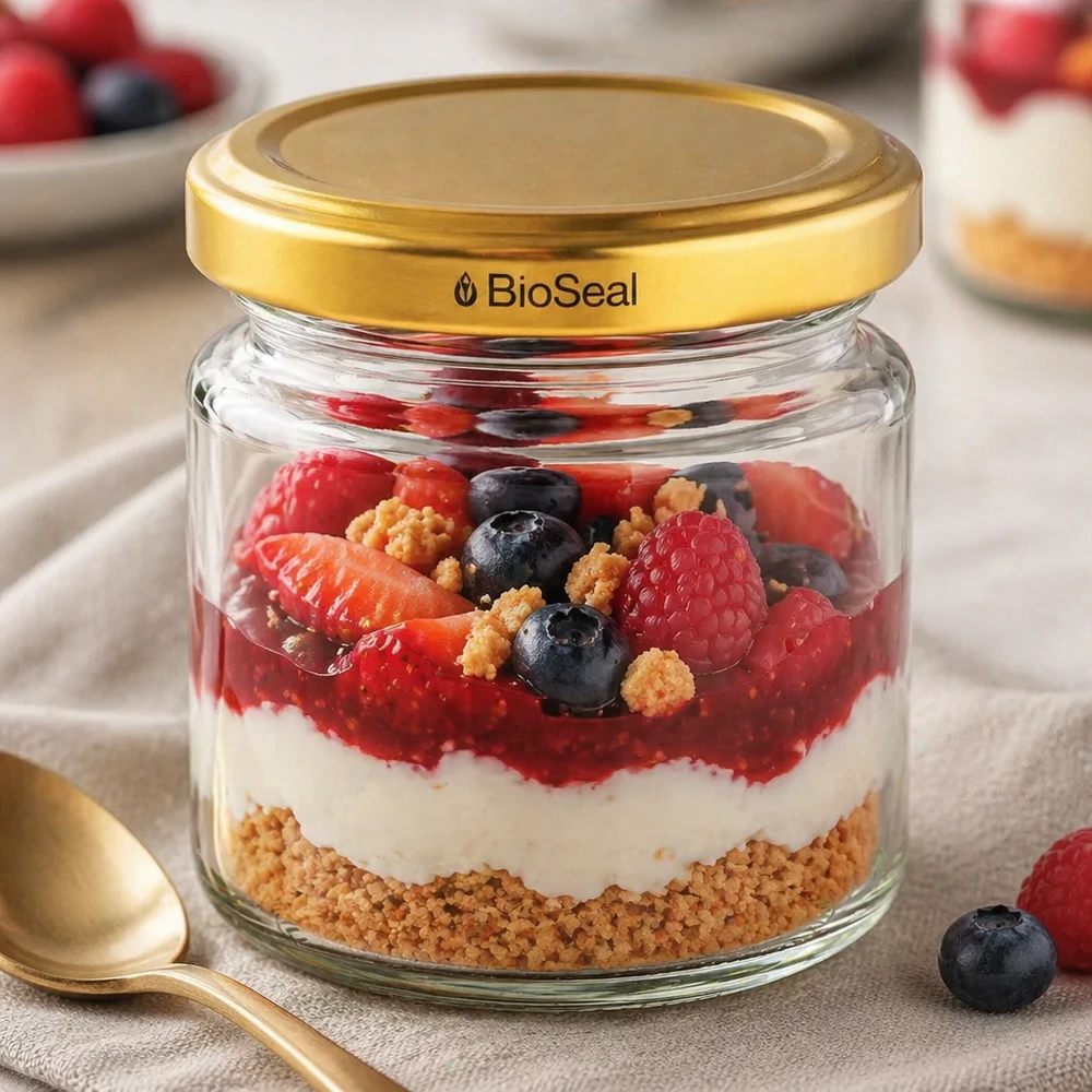 UNiTWIST Runda53 con coperchio dorato TO43 BioSeal come vasetto da dessert per dessert a strati di yogurt ai frutti di bosco con base di biscotto