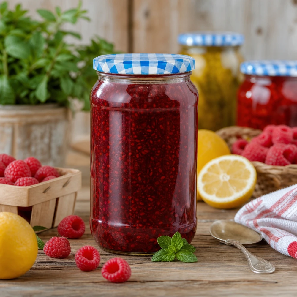 Barattolo rotondo da 1062 ml con marmellata di lamponi, coperchio BasicSeal blu e bianco, perfetto per marmellate e gelatine di frutta fatte in casa.