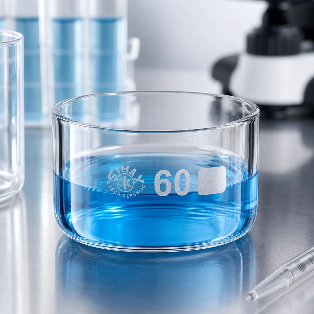 Coupelle de cristallisation 60 ml sans bec verseur Coupelle de cristallisation de 60 ml en verre borosilicaté contenant une solution bleue, posée sur une surface en acier inoxydable dans un laboratoire