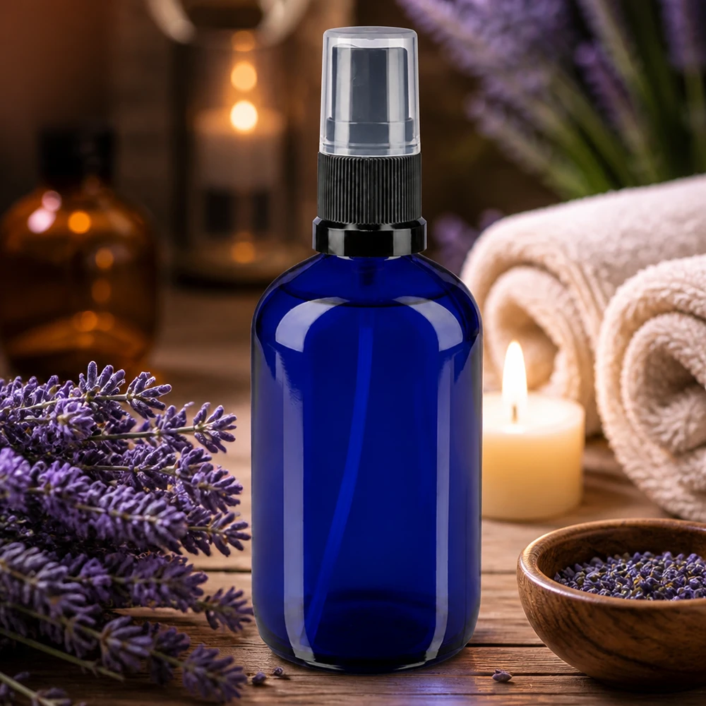 Kleine blaue Glassprayflasche 100ml UV-Schutzglas mit schwarzem Pumpkopf