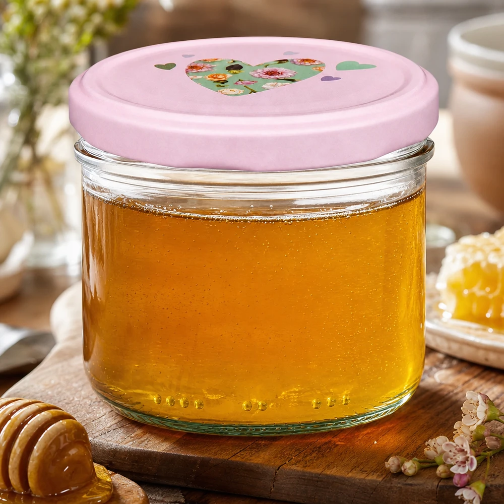 230ml Zylinderglas + BasicSeal Deckel Herz rosa 230ml Zylinderglas mit rosa Herz-Deckel gefüllt mit goldgelbem Honig, Honigglas auf Holzbrett mit Honiglöffel