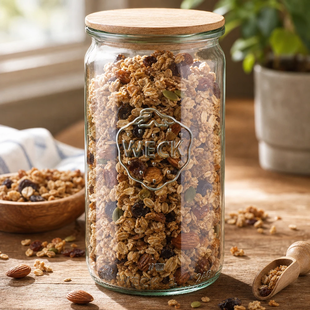 340ml Zylinderglas WECK RR60 mit Holzdeckel WECK Zylinderglas 340ml RR60 gefüllt mit Müsli und Nüssen als Vorratsglas mit Holzdeckel auf Küchentheke