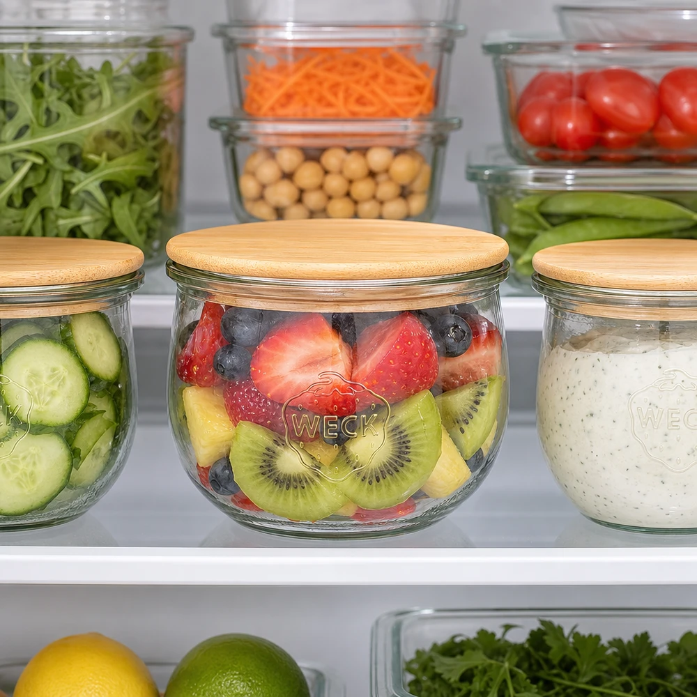 Vaso a tulipano WECK RR100 da 580 ml con coperchio in legno WECK Tulpenglas 580ml RR100 mit Holzdeckel im Kühlschrank - perfekt für frische Früchte und gesunde Meal-Prep