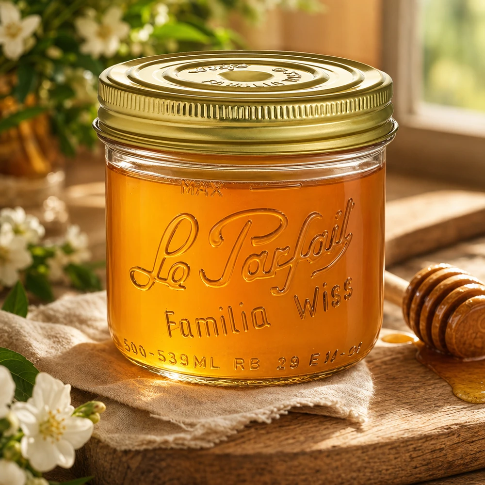 Le Parfait® Familia Wiss 500 g Ø100 mm vaso Bicchieri Familia Wiss da 539 ml con coperchio dorato riempiti di miele su un tavolo di legno con cucchiaio da miele e fiori