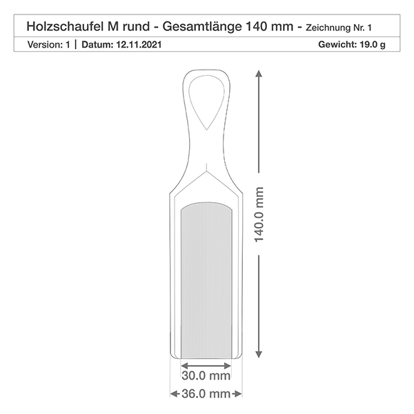 Pala di legno misura M a forma semicircolare lunga 14 cm Disegno tecnico della pala di legno M con dimensioni di 140 mm di lunghezza e 36 mm di larghezza, comprese le specifiche di peso.