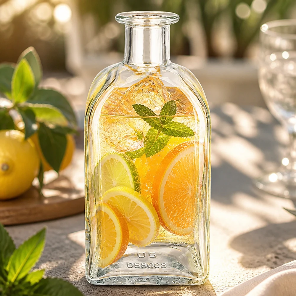 Flacone farmaceutico da 500 ml Julia senza tappo UNiTWIST® Bottiglia in vetro Julia da 500 ml riempita con infuso di agrumi e menta in un giardino soleggiato come bevanda rinfrescante.