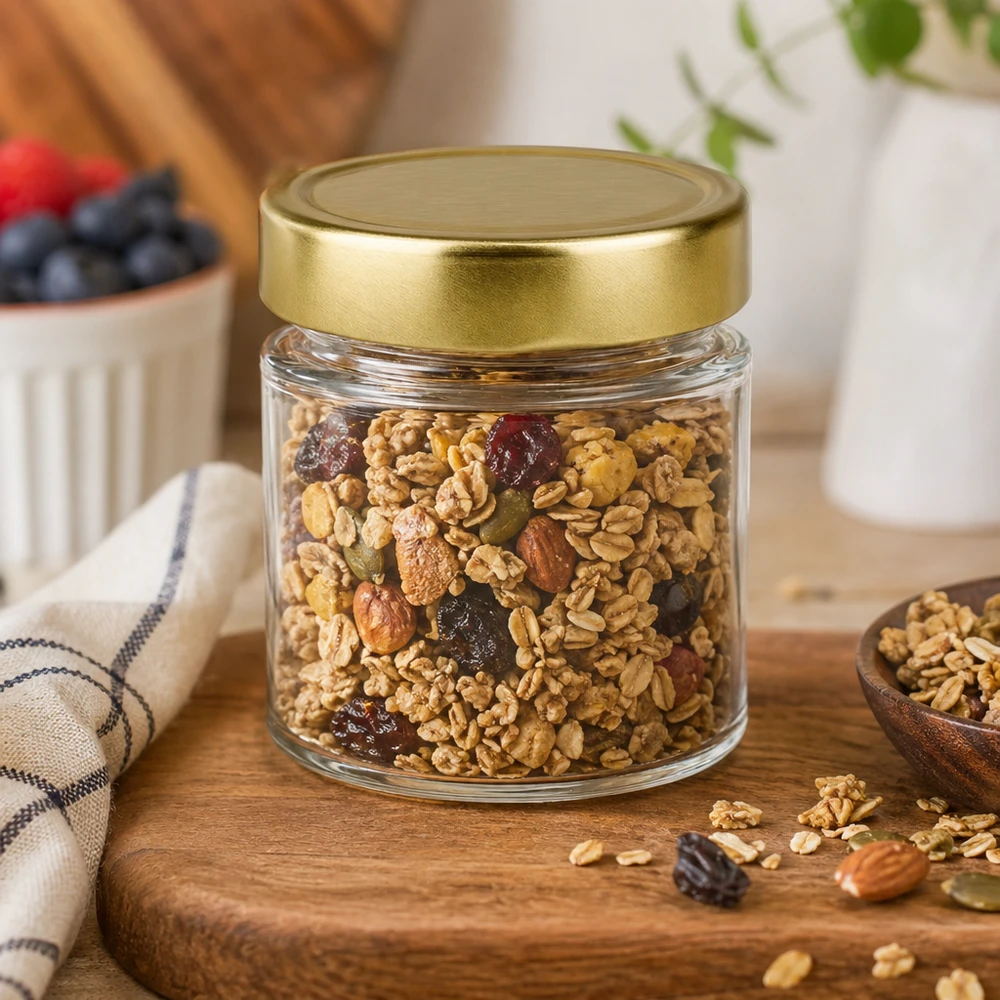 154ml Rundglas mit BasicSeal Deckel gold deep UNiTWIST 154ml Rundglas BasicSeal gold gefüllt mit Nussmischung Walnüsse Mandeln Rosinen Müsli Granola Holztisch Küche
