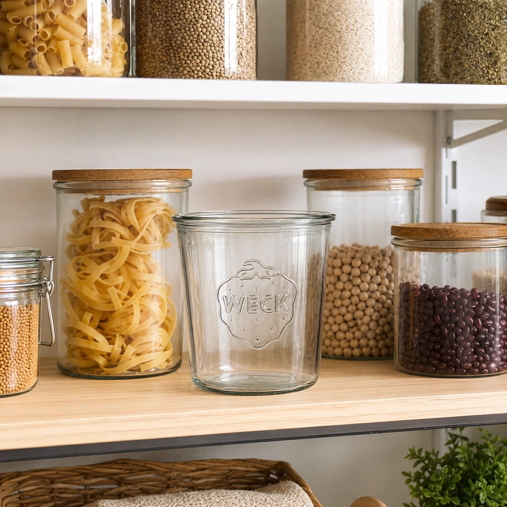 Bicchieri da 580 ml WECK RR100 WECK 580ml RR100 barattolo di stoccaggio in cucina con barattoli per pasta, legumi e cereali su ripiano in legno