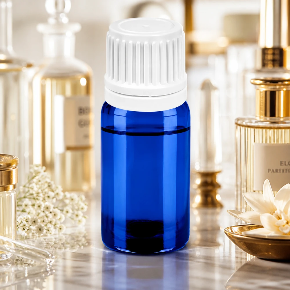 Pratico flacone in vetro blu da 5 ml con tappo OV bianco a prova di bambino per uso domestico