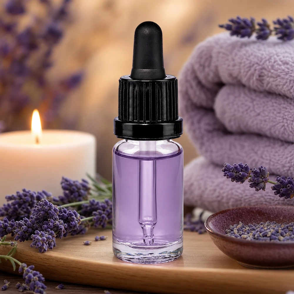10ml Pipettenflasche schwarz Originalitätsverschluss ClearLine UT18/10 Kleine Glasflasche mit Tropfpipette 10ml schwarzer Kappe und lila Öl für Kosmetikanwendungen