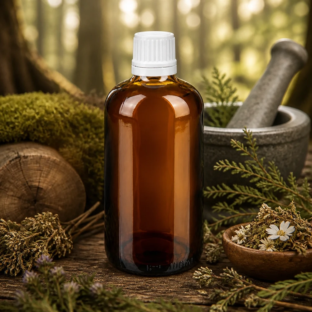 Flacon de pharmacie brun 100ml bouchon compte-gouttes 1.2mm blanc bouchon d'inviolabilité Flacon compte-gouttes ApoGlas brun de 100 ml avec bouchon OV blanc, entre des herbes des bois et un mortier