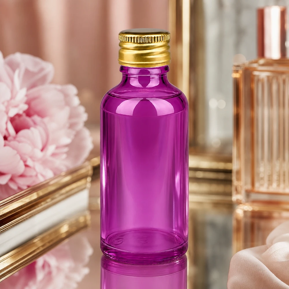 Flacone da 50ml tappo a vite 11mm alluminio oro standard PurpleLine. UT18/50 Bottiglia decorativa da 50 ml in vetro viola con tappo in alluminio per confezionare ed esporre i prodotti con stile