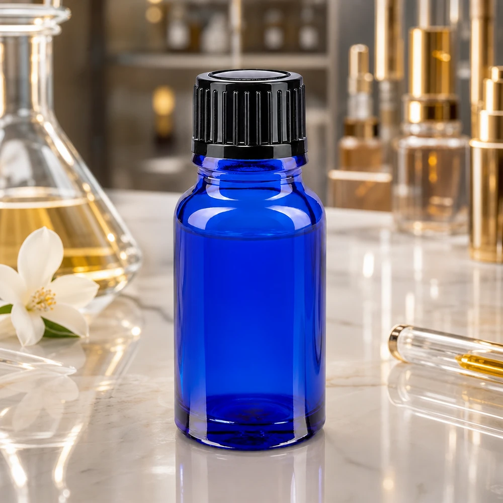 Apothekenflasche blau 10ml Schraubverschluss schwarz Standard Dunkelblaue 10ml Flasche aus hochwertigem Glas mit schwarzem Schraubverschluss für Öle