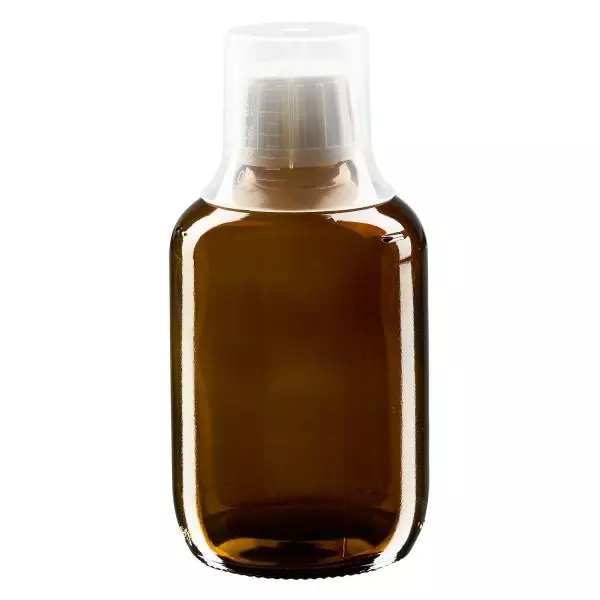 Flacone per medicinali da 200 ml marrone, chiusura OV con coppetta dosatrice 3