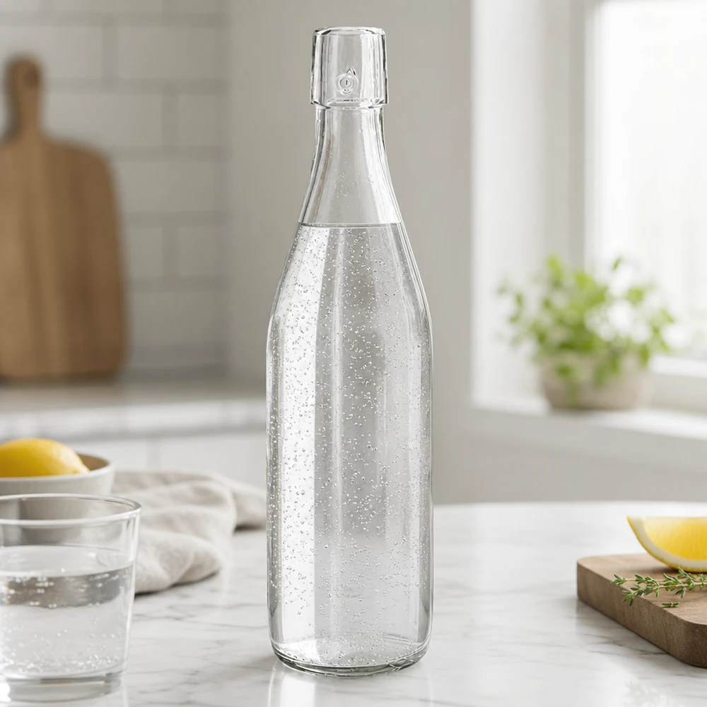 Bottiglia di vetro UNiTWIST da 500 ml riempita di acqua frizzante sul bancone di marmo della moderna cucina bianca con limone