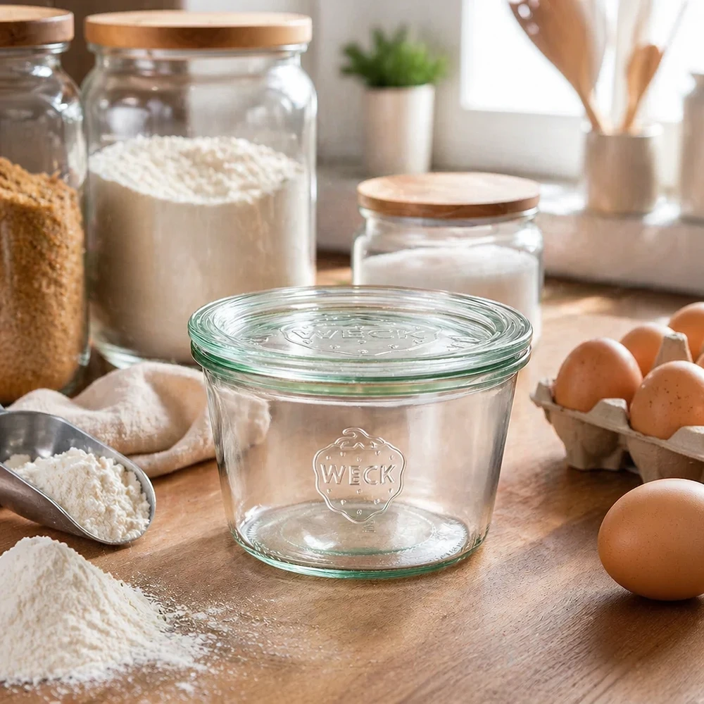 WECK Sturzglas 370ml RR100 in Küchenambiente mit Mehl Eiern und Backzutaten zum Kochen und Backen