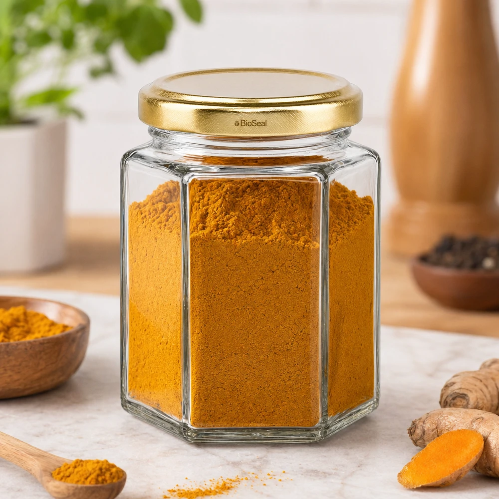 Barattolo Hexa196 con coperchio dorato TO58 BioSeal riempito di polvere di curcuma in una scena di cucina con zenzero