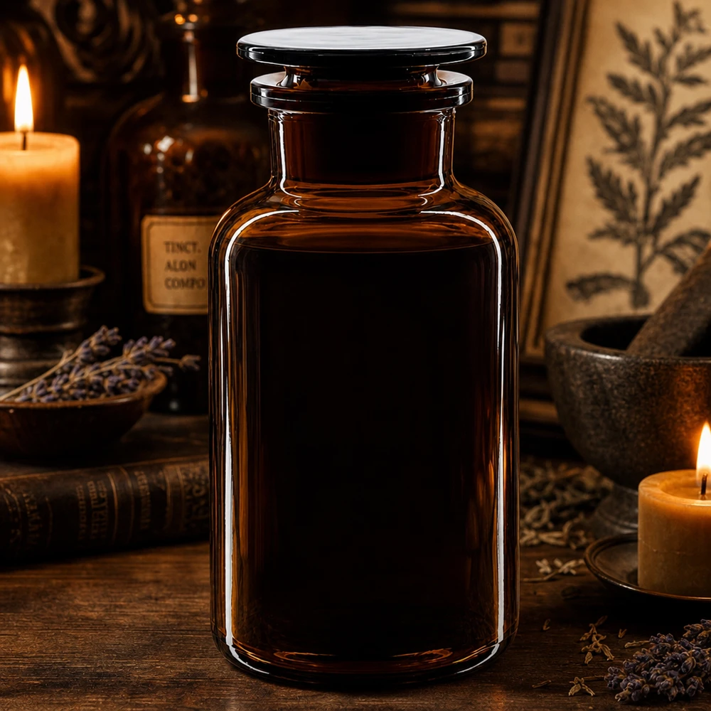 Classica bottiglia a spalla arrotondata da 500 ml in vetro ambrato con collo largo, ideale per erbe e tinture